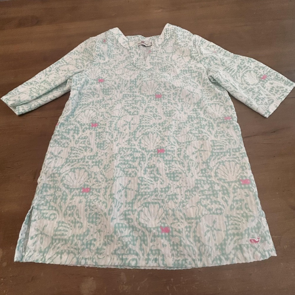 Vineyard‎ Vines Tunic Girls Small Green White Seersucker Print Beach Cover Up